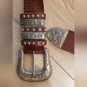 Nocona Brown Leather Belt with Decorative Silver Buckle and Studs
